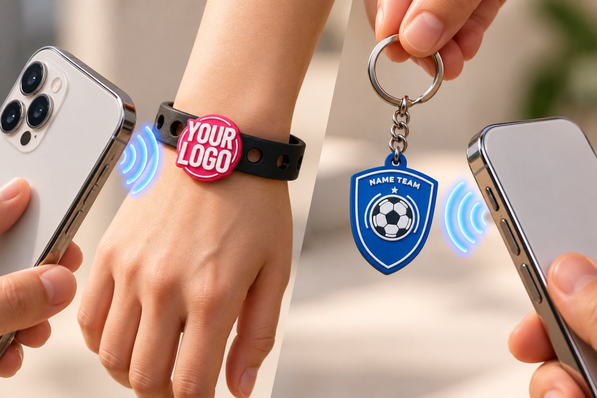 NFC-Charm am Armband und NFC-Schlüsselanhänger: Smartphone antippen und Inhalte öffnen