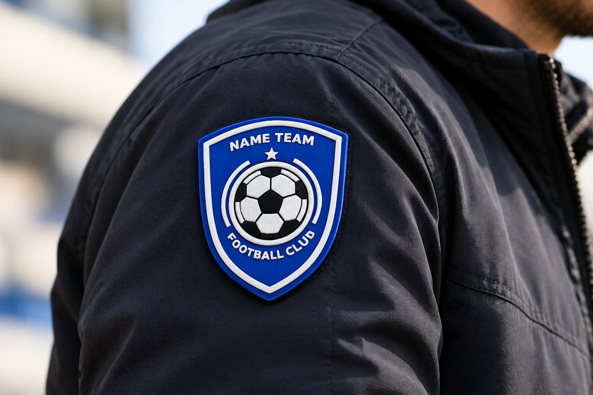 PVC-Patch mit Vereinswappen auf der Schulter einer Jacke