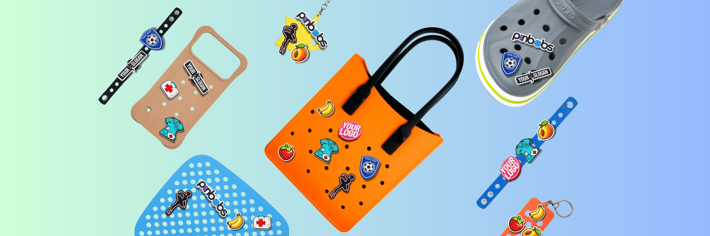 Pinbobs Charms auf Crocs, Armbändern, Handyhülle und Tasche